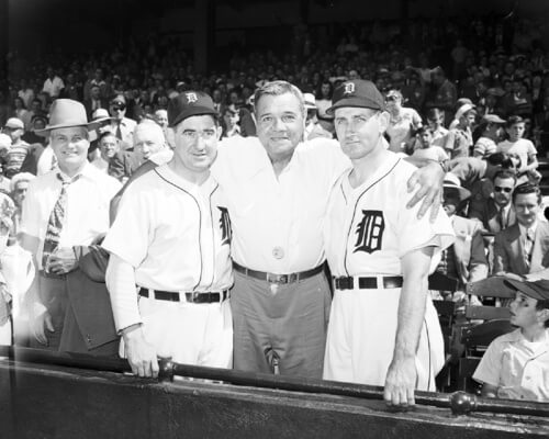 Babe Ruth poses with Detroit Tigers legends Mickey Cochrane and Charlie Gehringer at Navin Field.