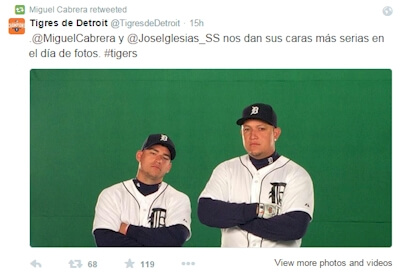 A tweet from Miguel Cabrera from 2015 spring training shows he and Jose Iglesias during a photo shoot.