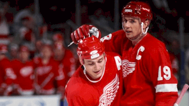 Sergei Fedorov and Steve Yzerman celebrate a win during the 1990s.