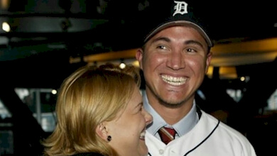 Magglio Ordonez hugs his wife after signing a five-year $85 million deal with the Detroit Tigers in 2005.