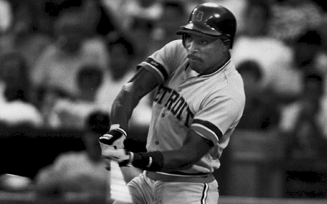 Center fielder Lloyd Moseby bats for the Detroit Tigers in 1991.
